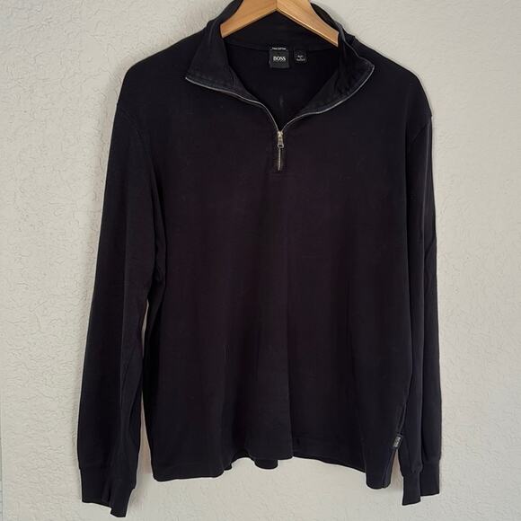Hugo Boss 1/4 Zip Black Pullover Sweater Large Pima Cotton Preppy Fall Casual - Picture 1 of 8